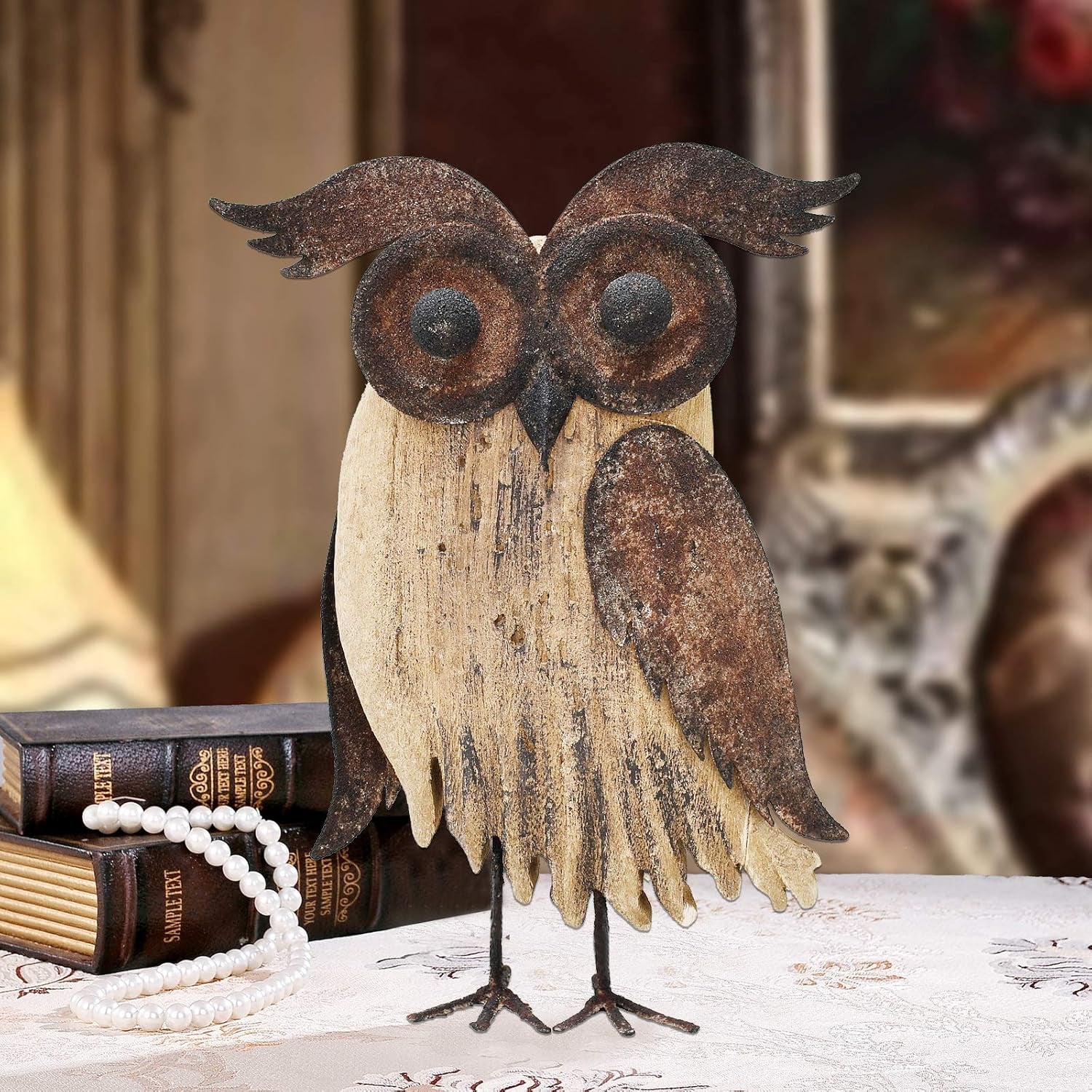 Wood Bird Figurine Home Decor Accent, Rustic Owl Statue Tabletop Decoration for Living Room Bedroom Office, Abstract Spring Summer Autumn Decor (Rust Color B)