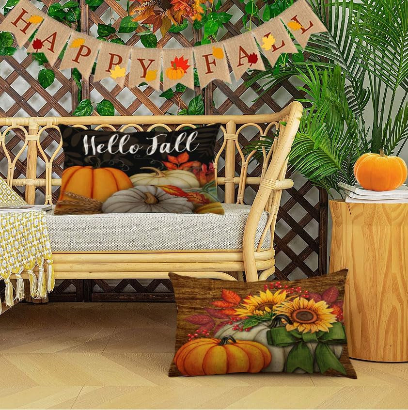 Set of 4 Fall Pillow Covers 12X20 Inch Thanksgiving Pumpkins Throw Pillows Autumn Harvest Sunflower Decorative Cushion Covers Outdoor Sofa Couch Lumbar Pillow Cases Fall Decorations (12 by 20)