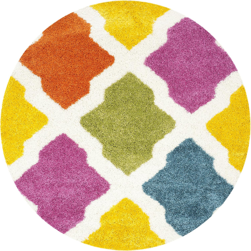 Kids Shag Collection Area Rug - 6'7" Round, Ivory & Multi, Rainbow Trellis Design, Non-Shedding & Easy Care, 2-Inch Thick Ideal for High Traffic Areas in Living Room, Bedroom (SGK562A)