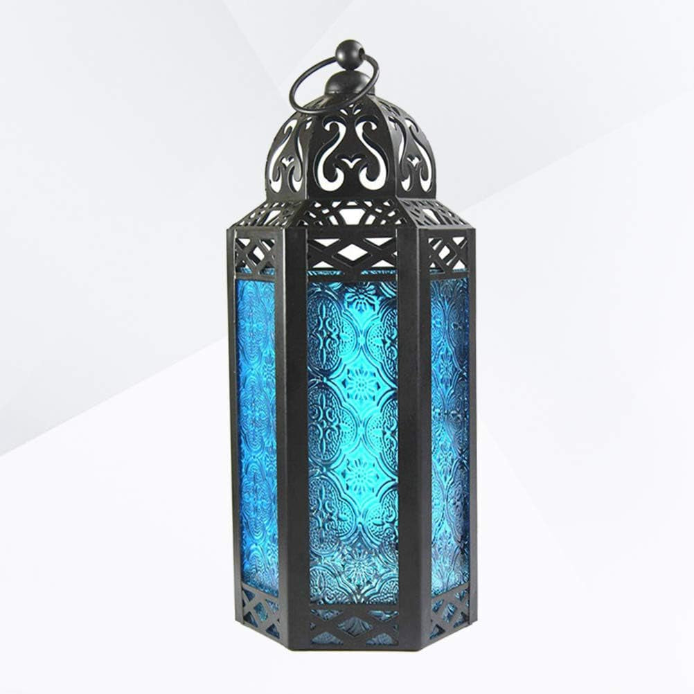 Hanging Lantern, Vintage Wrought Iron Hanging Candle Holder, Candle Holder for Courtyard Table (Blue)