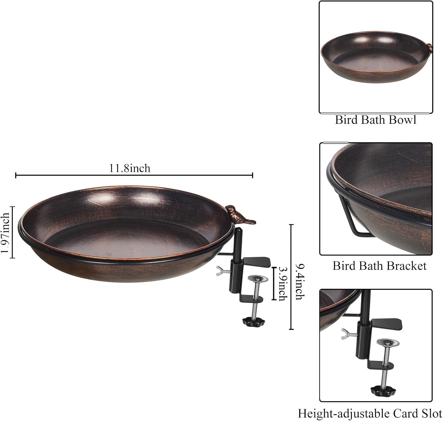 Deck Mounted Bird Bath Metal Birdbath Bowl Unheated with Lightweight Detachable