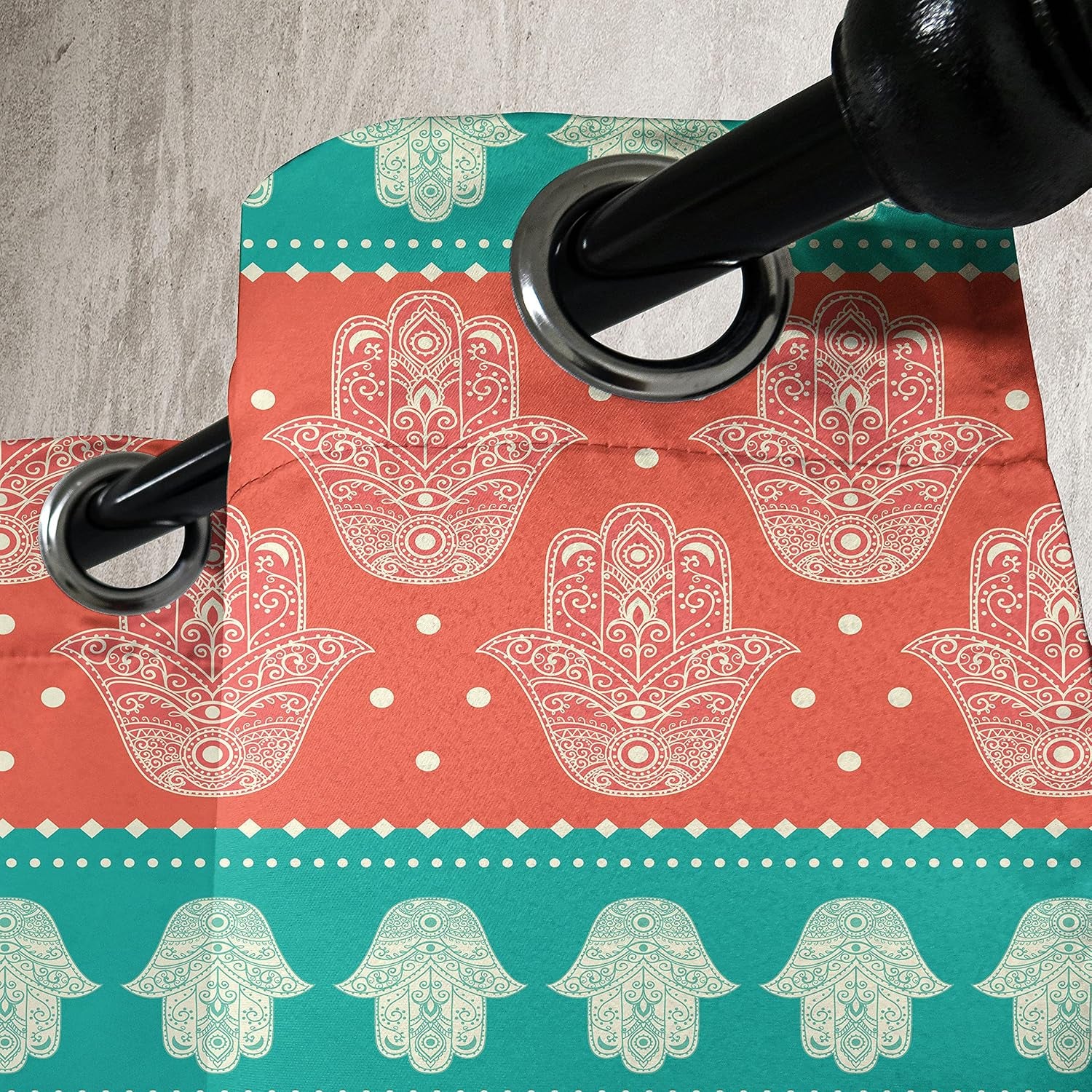 Hamsa Grommet Curtain, Bohemian Style Inspirational Boho Hamsa Hand Illustration Pattern Mandala Art, Decorative 2-Panel Window Drapes for Bedroom Living Room, 50" X 54", Coral Teal