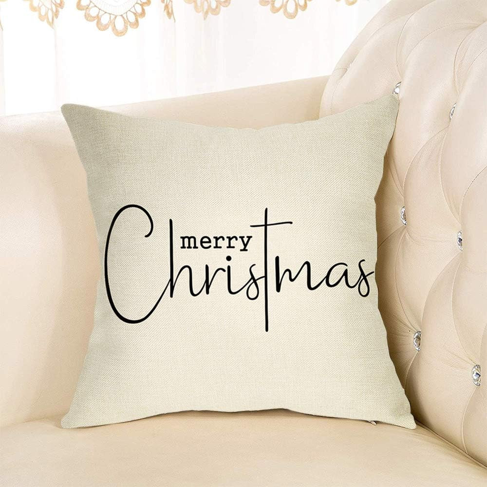 Merry Christmas Throw Pillow Cover, 18" X 18" Inch Decorative Xmas Sign Rustic Cushion Case, Farmhouse Home Winter Decoration Holiday Square Pillowcase Decor for Sofa Couch Cotton Linen