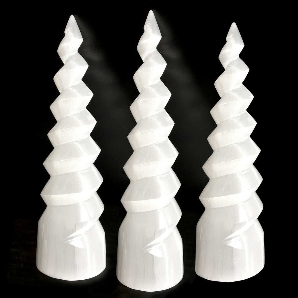 XL Selenite Tower Crystal Spiral Energy Wand 8" Point Cleanse Reiki CHARGE Heal