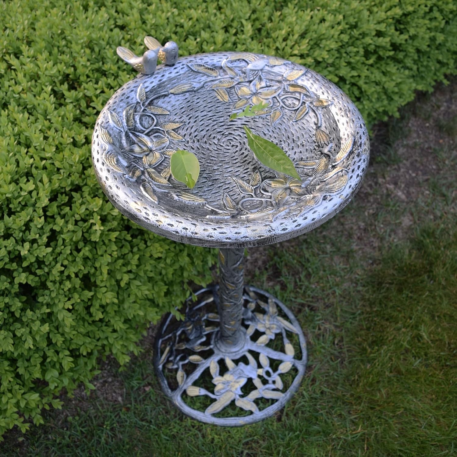 5131AP Antique Pewter Hummingbird Design Aluminum Birdbath, Silver