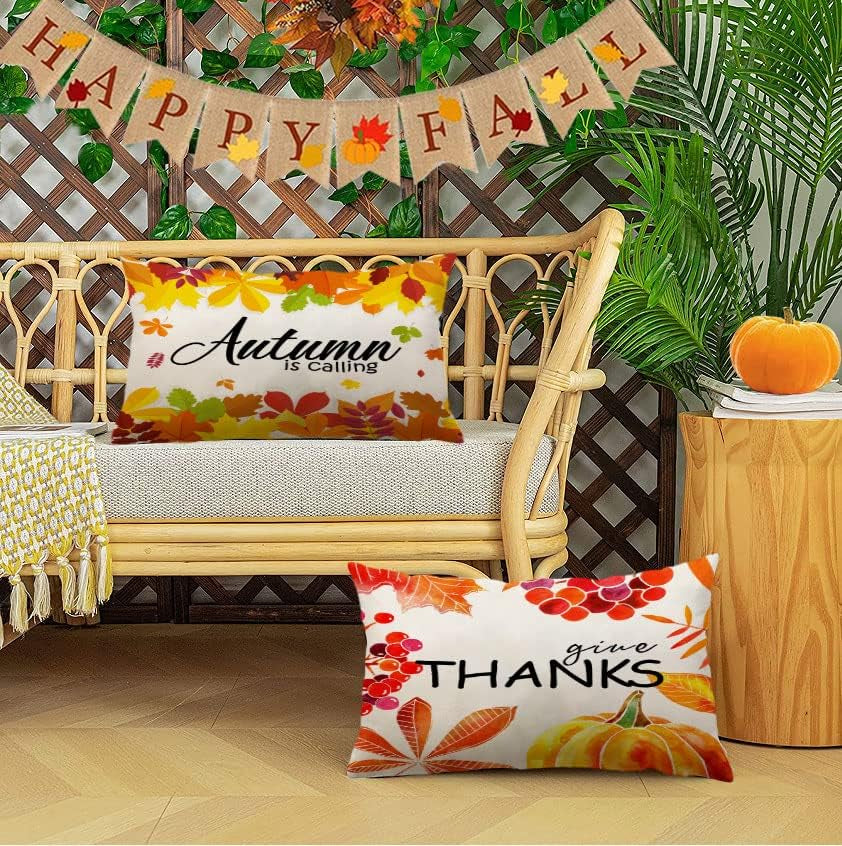 Set of 4 Fall Pillow Covers 12X20 Inch Thanksgiving Decor Throw Pillows Autumn Pumpkins Leaves Decorative Home Outdoor Sofa Couch Lumbar Cases for Decorations (12 by 20) Y-Fall 08 12*20