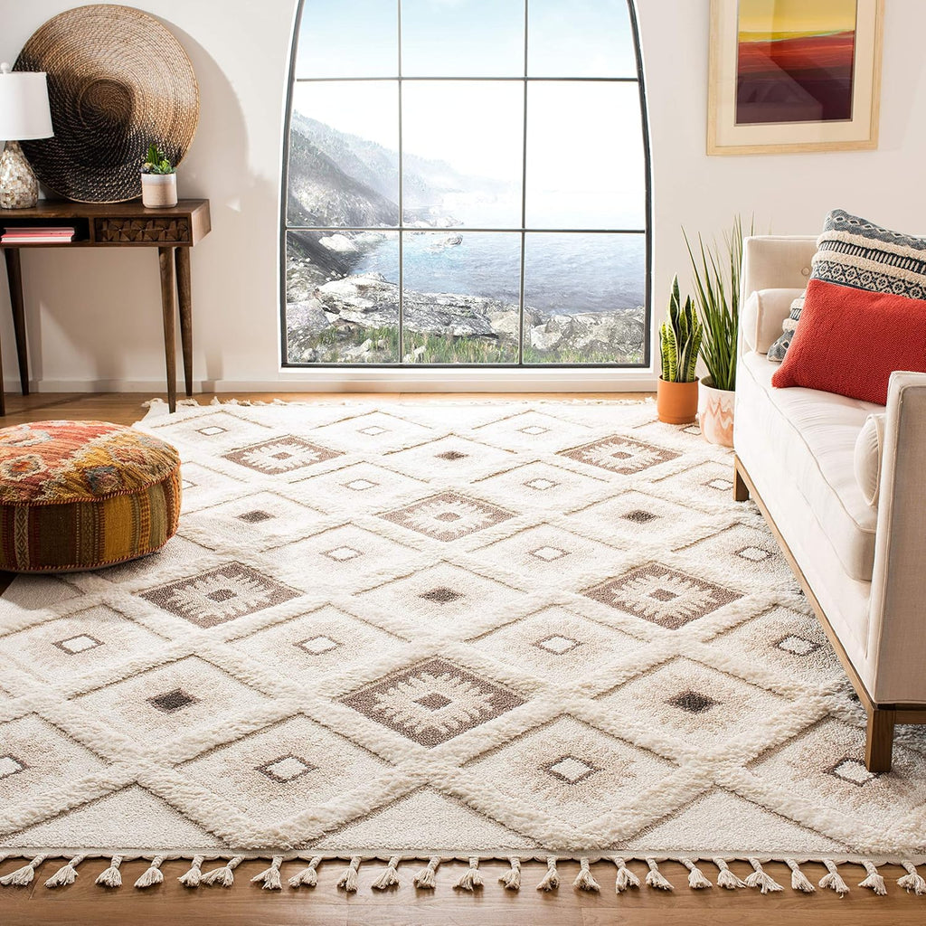 Moroccan Tassel Shag Collection Accent Rug - 3' X 5', Ivory & Brown, Boho Design, Non-Shedding & Easy Care, 2-Inch Thick Ideal for High Traffic Areas in Foyer, Living Room, Bedroom (MTS601A)