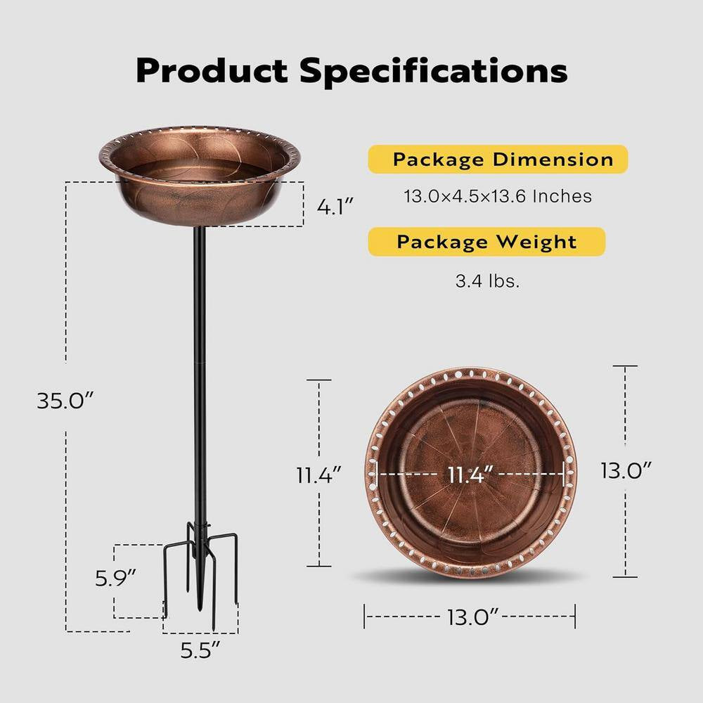 29 In. H round Polyresin Garden Birdbath with Metal Stake in Bronze