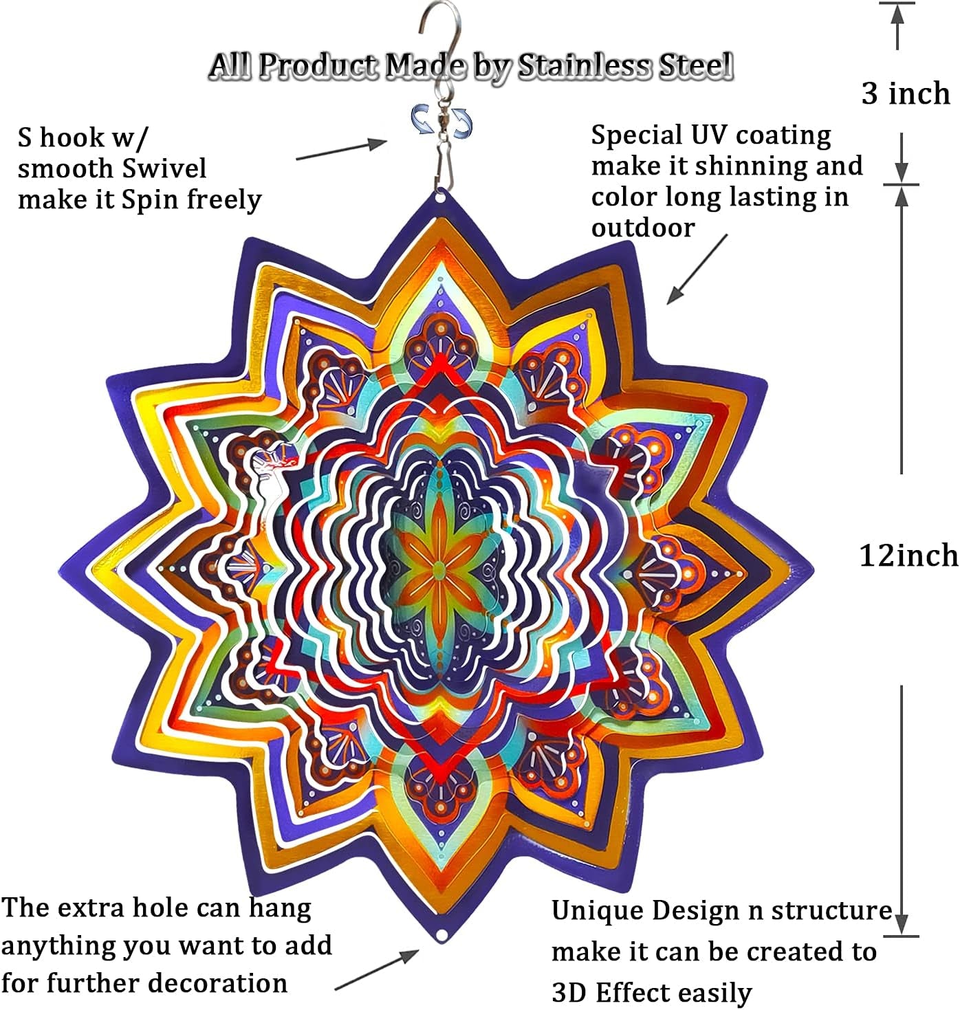 Mandala Wind Spinner Lucky Star Worth Gift Indoor Outdoor Garden Decoration Crafts Ornaments 12 Inch Multi Color Stainless Steel Wind Spinners