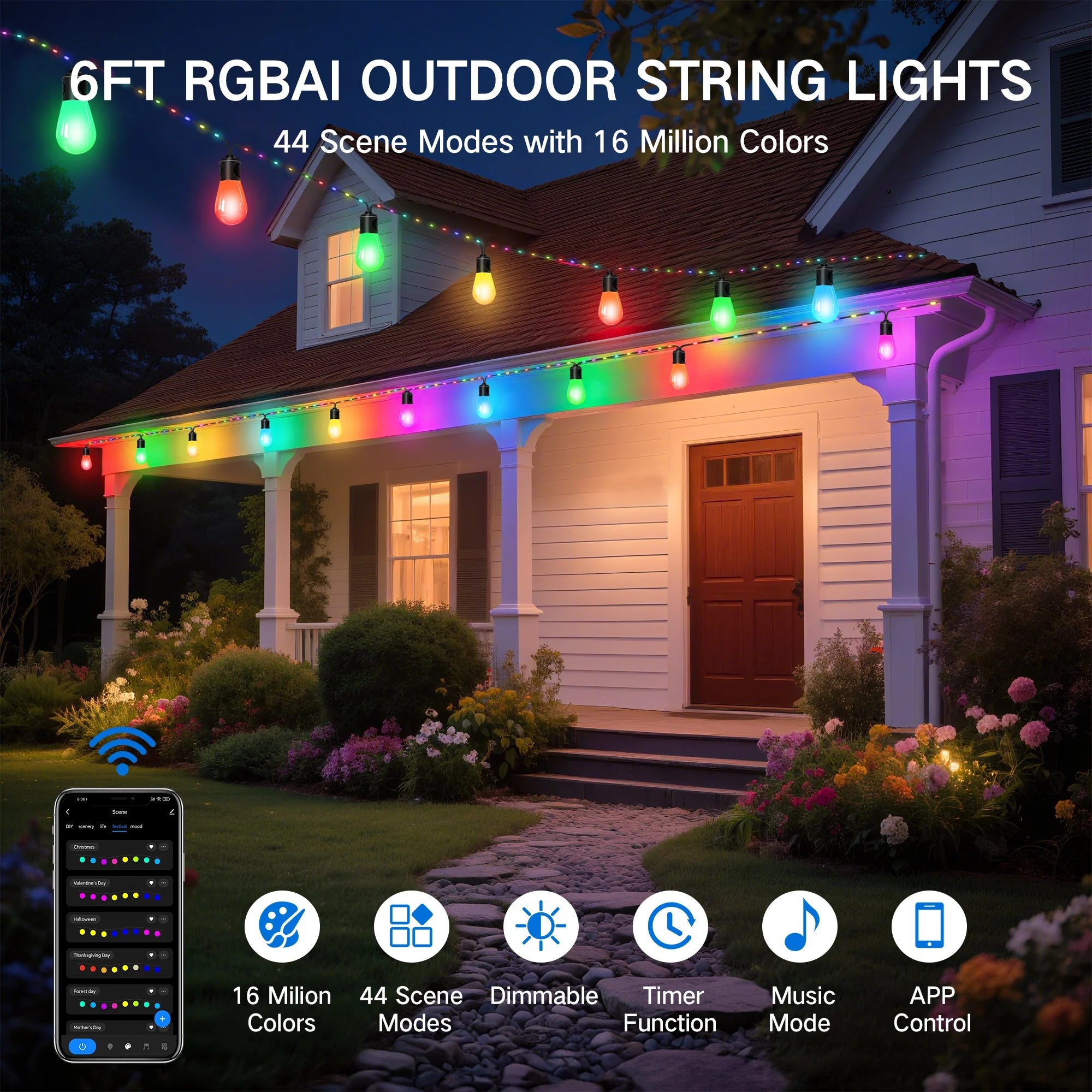 Outdoor String Lights, 45FT Smart RGBIC Patio Lights with 12 Bulbs for Christmas Halloween Decorations, Wifi Patio Lights with Remote & App Control, LED Lights for Outdoor Lighting & Backyard