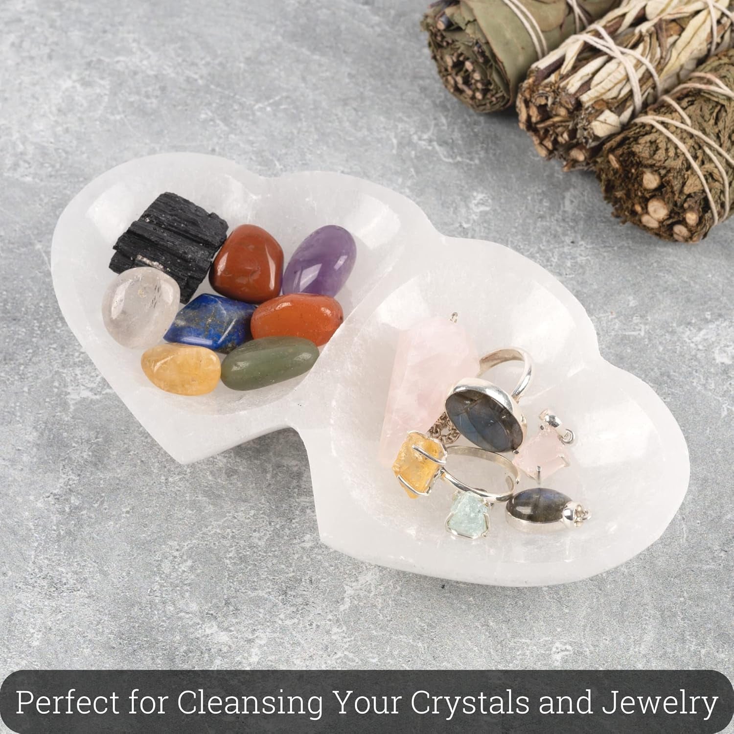 Selenite Twin Heart Bowl for Crystals Charging – Large 6.75” Selenite Crystal Bowl – Mined & Crafted in Morocco – Ideal for Cleansing & Recharging Healing Stones, Meditation, & Décor