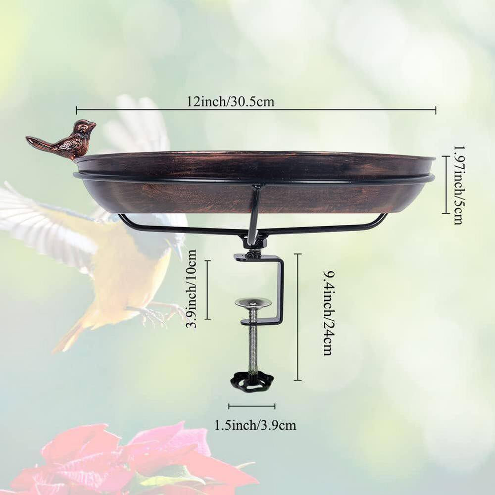 12 In. Metal Deck Mounted Bird Bath with Adjustable Sturdy Clamp for Outdoor Garden Balcony Patio Decoration