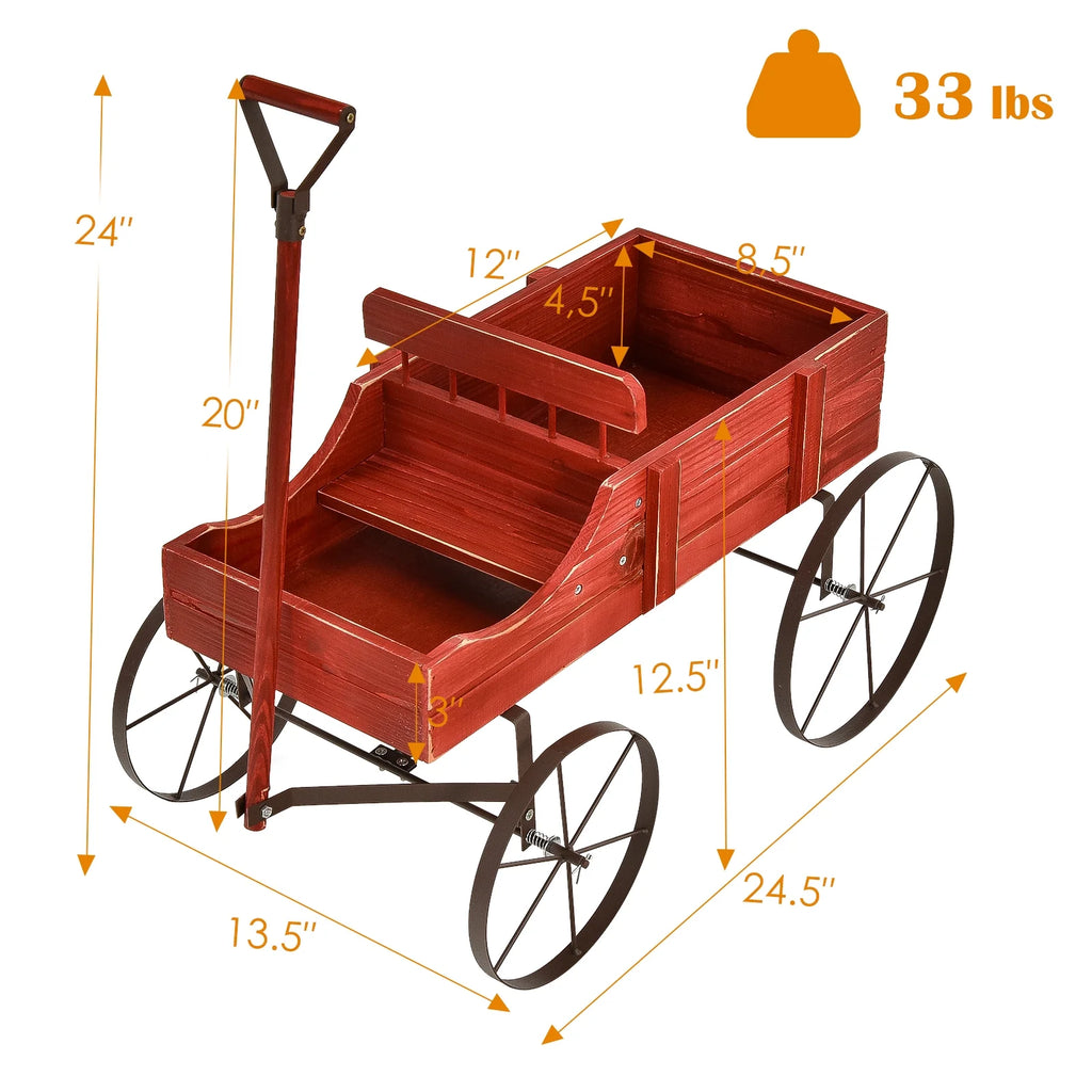 Wooden Garden Flower Planter Wagon Wheel Plant Bed Decorative Garden Planter for Backyard Garden Red