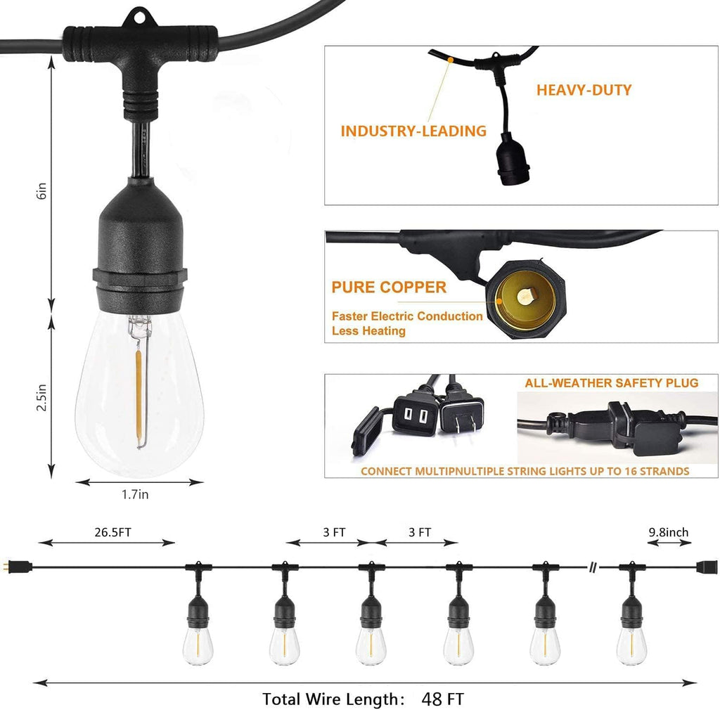 Outdoor String Light 48FT LED Heavy-Duty Patio Lights String Linkable with Shatterproof 15 LED Bulbs for outside Cafe Porch Market String Lights