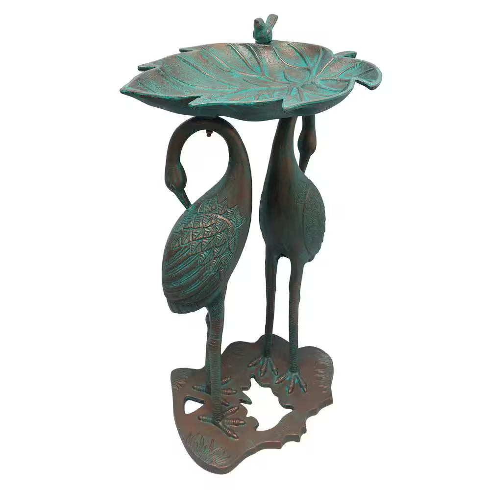 Cast Aluminum 30 In. Twin Crane Copper Patina Bird Bath with Leaf Bowl