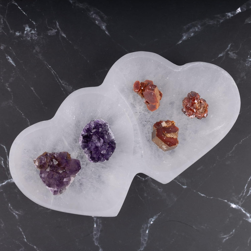 Selenite Twin Heart Bowl for Crystals Charging – Large 6.75” Selenite Crystal Bowl – Mined & Crafted in Morocco – Ideal for Cleansing & Recharging Healing Stones, Meditation, & Décor