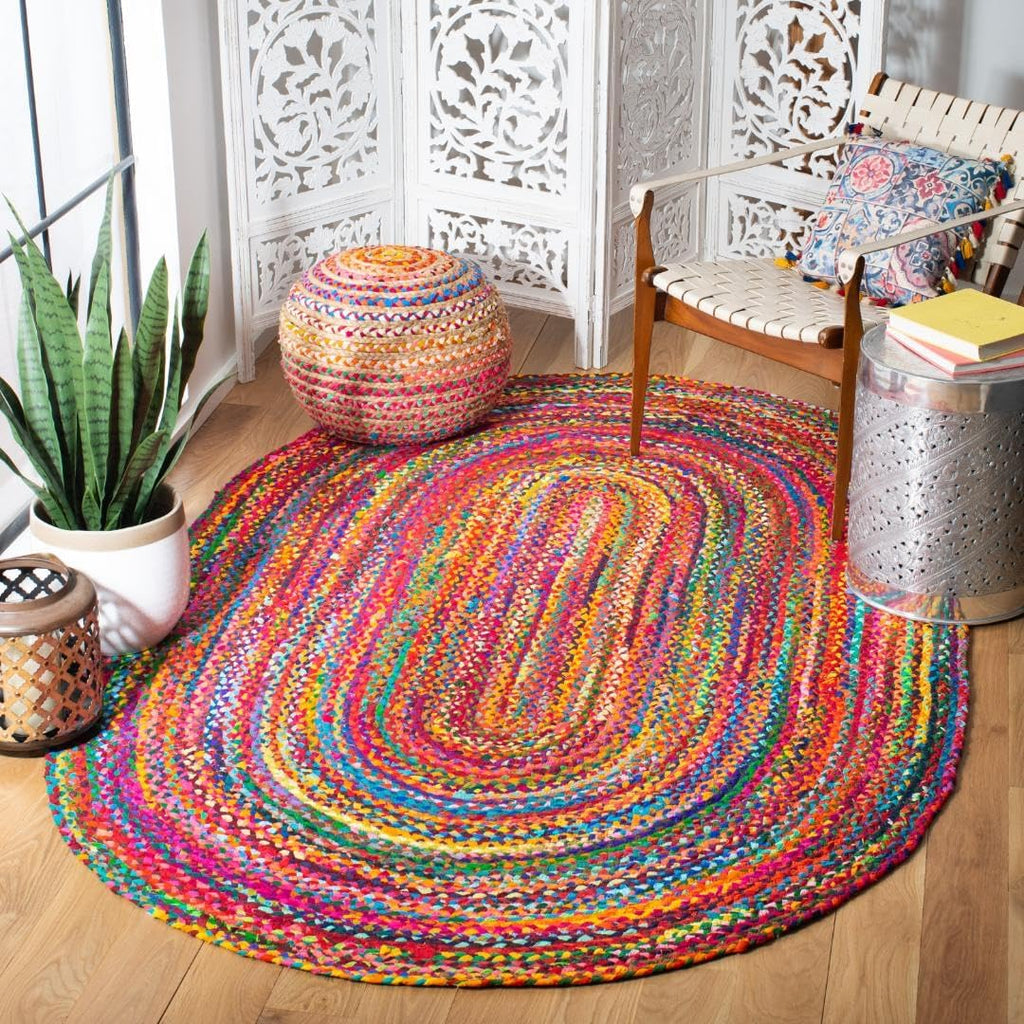 Braided Collection Area Rug - 5' X 8' Oval, Red & Multi, Handmade Woven Cotton, Boho Reversible Style, Ideal for Living Room, Bedroom (BRD210A)