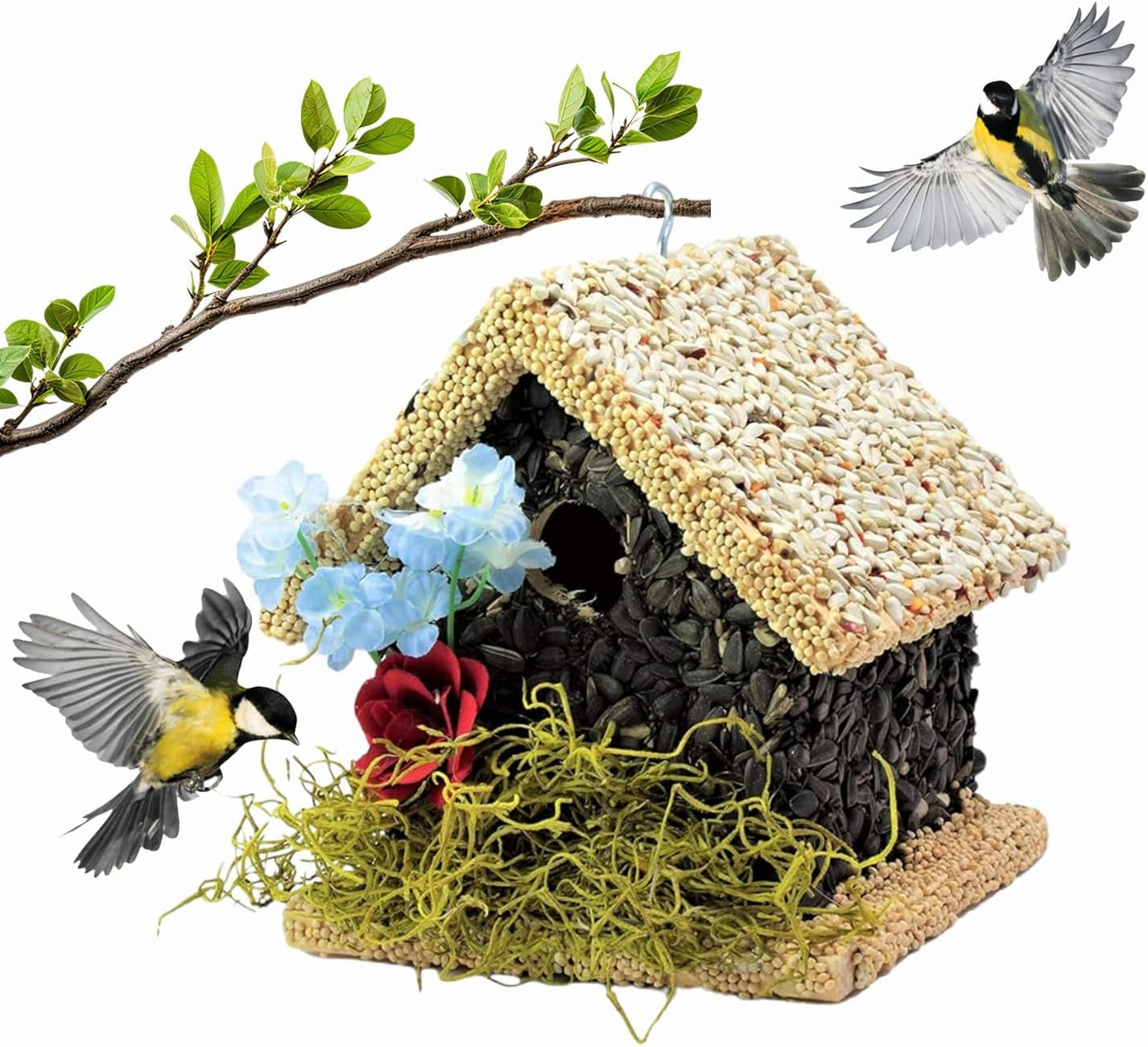 Edible Birdhouse - Birdseed Bird Feeder, Wooden Birds House Covered in Wild Bird Food, Squirrel Resistant Birds Feeders for outside Hanging, Watching Gift for Garden Lovers, (SL)