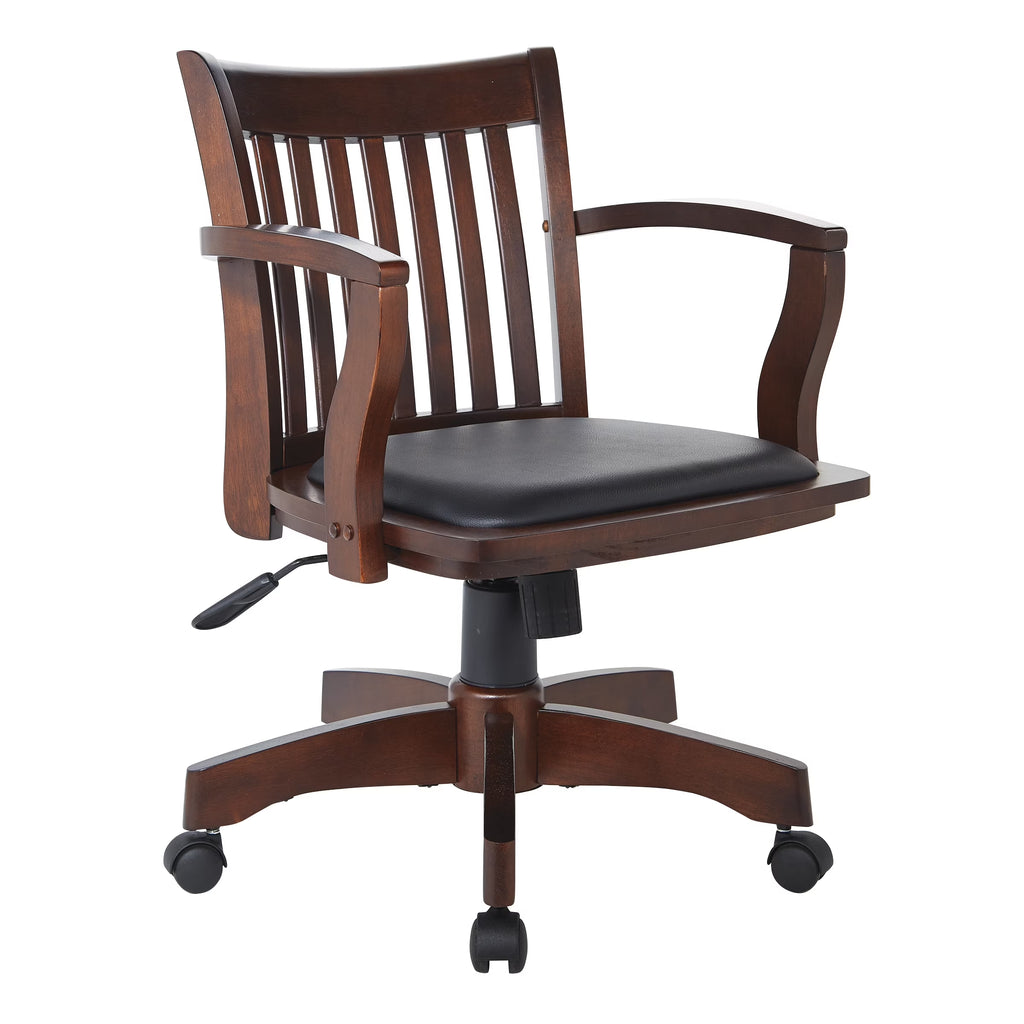 Deluxe Wood Bankers Chair with Vinyl Padded Seat in Espresso Finish and Black Vinyl Fabric