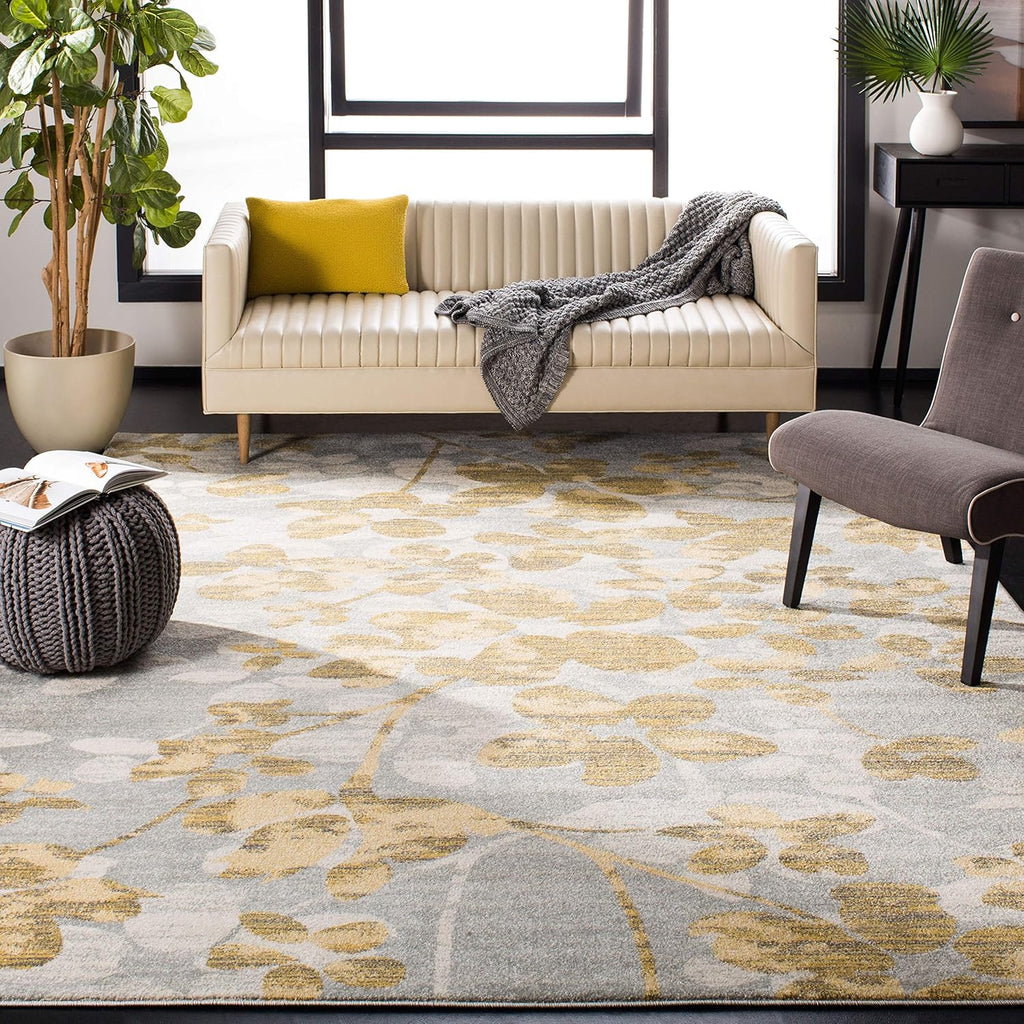 Evoke Collection 3' X 5' Grey / Gold EVK236P Floral Non-Shedding Living Room Bedroom Accent Rug