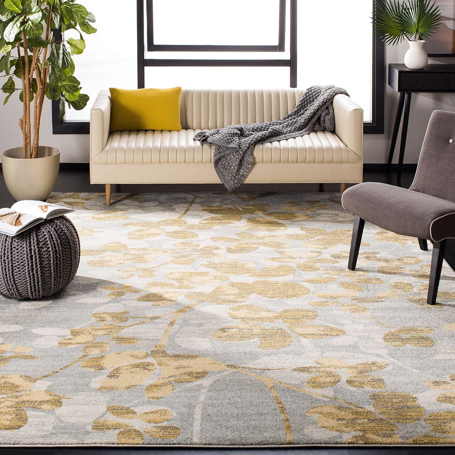 Evoke Collection 3' X 5' Grey / Gold EVK236P Floral Non-Shedding Living Room Bedroom Accent Rug