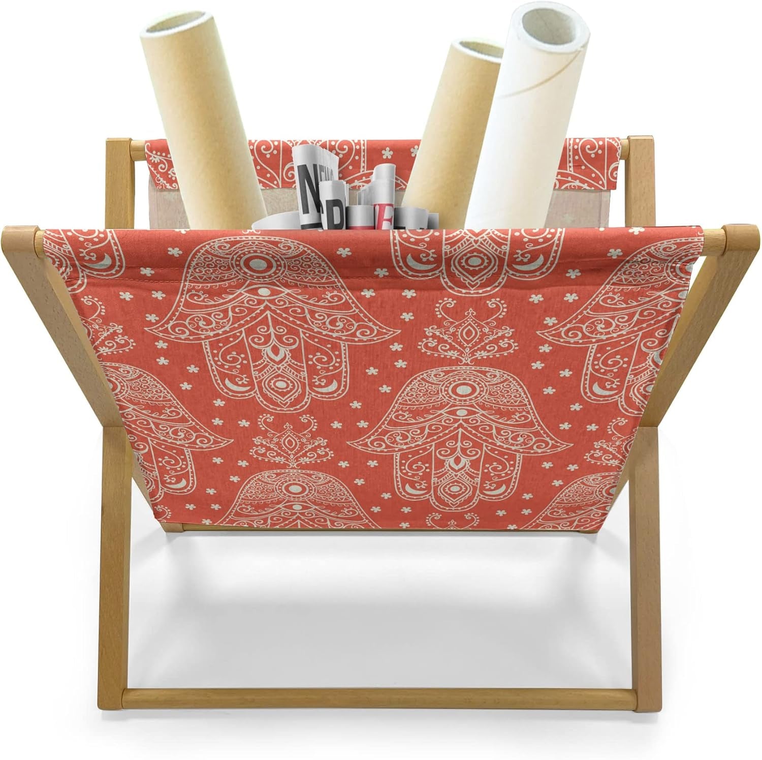 Hamsa Magazine and Book Holder, Egyptian Boho Hand Shape Pattern Eye Design Bridal Night Inspired Art, Floor Rack Decor for Interior of Home & Office, 22" X 19", Coral White