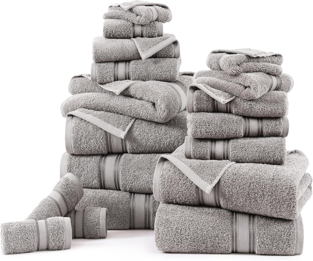 100% Cotton 18 Piece Bath Towel Set - Zero Twist, Quick Dry, Super Soft & Highly Absorbent - 6 Bath, 6 Washcloths, 6 Hand Towels for Bathroom - Hotel Quality Bathroom Towel Set - Grey