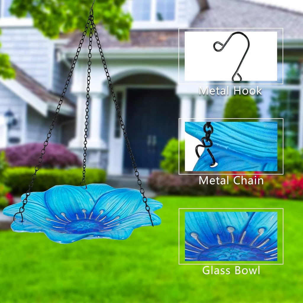 Hanging Bird Feeder - Bird Baths for Outdoors - Glass Birdbaths for Garden and Patio Decor, Pretty Gift Idea