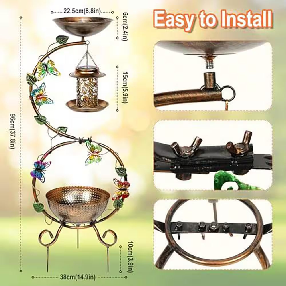 3-In-1 38 In. Vintage Metal Waterproof Bird Bath Black with Solar Bird Feeder and Planter Pedestal