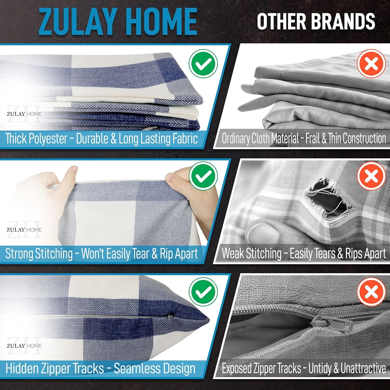 Pack of 2 Buffalo Plaid Throw Pillow Covers - Farmhouse Porch Pillows Outdoor & Indoor Covers - Polyester Buffalo Plaid Pillow Covers (16X16 Inch, Dark Blue & White)