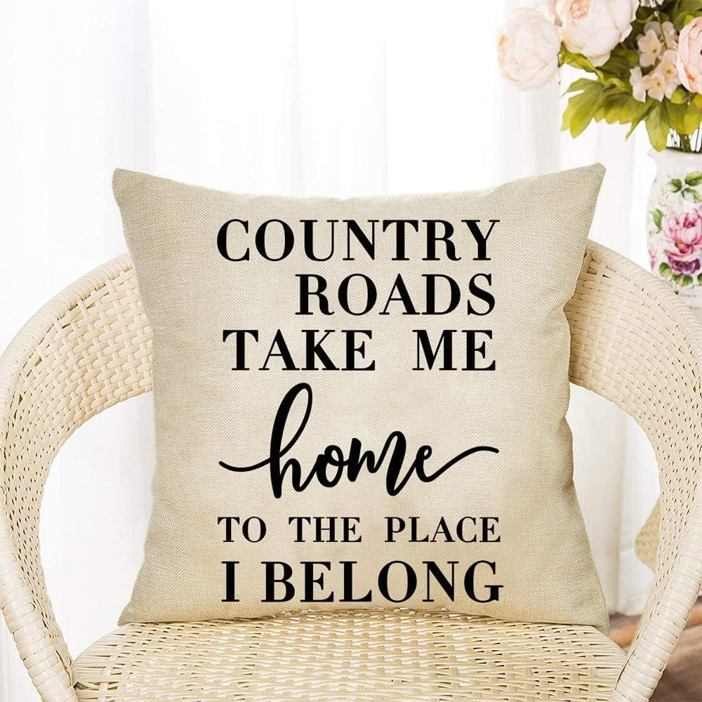 Farmhouse Quotes Rustic Decorative Throw Pillow Cover, Country Roads Take Me Home Sign Cushion Case Home Decorations, Inspirational Square Pillowcases Cotton Linen Decor for Sofa Couch 18 X 18