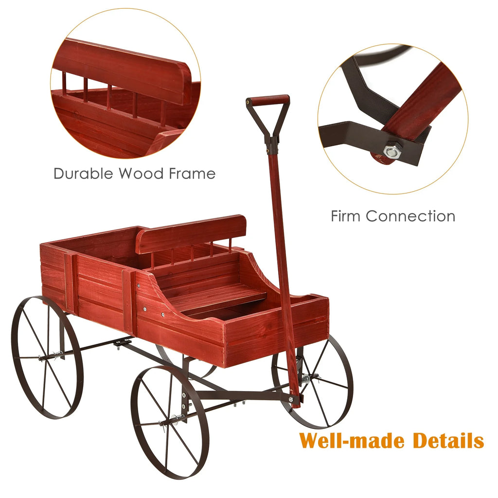 Wooden Garden Flower Planter Wagon Wheel Plant Bed Decorative Garden Planter for Backyard Garden Red