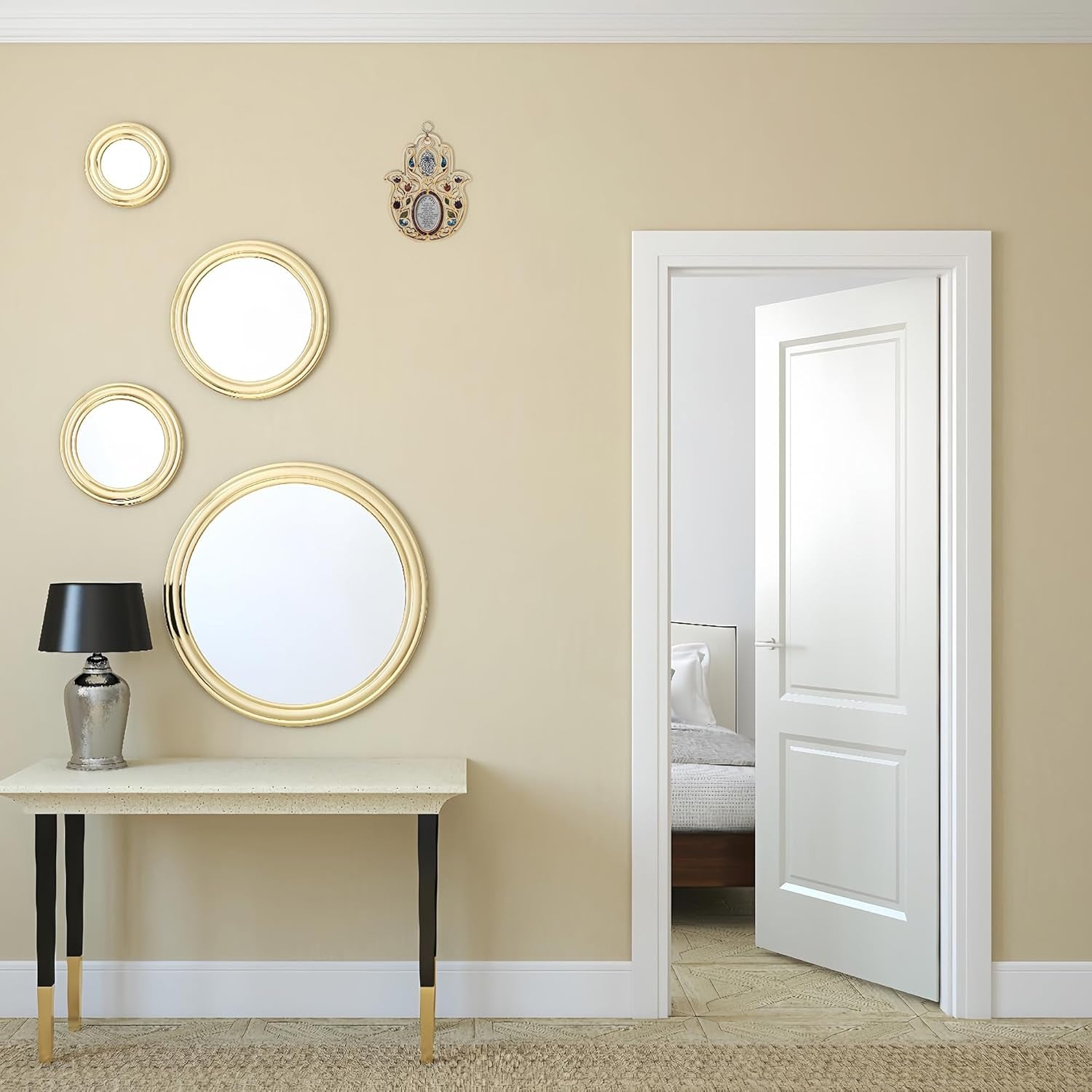 Large Wooden Hamsa Blessing for the Home - in Hebrew - Good Luck Wall Decor with Simulated Gemstones