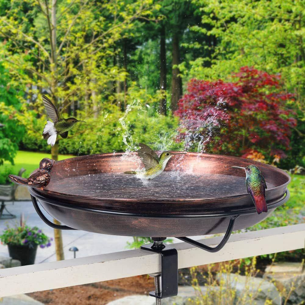 12 In. Metal Deck Mounted Bird Bath with Adjustable Sturdy Clamp for Outdoor Garden Balcony Patio Decoration