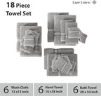 100% Cotton 18 Piece Bath Towel Set - Zero Twist, Quick Dry, Super Soft & Highly Absorbent - 6 Bath, 6 Washcloths, 6 Hand Towels for Bathroom - Hotel Quality Bathroom Towel Set - Grey