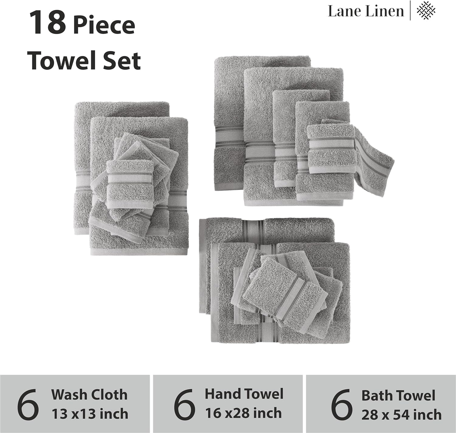 100% Cotton 18 Piece Bath Towel Set - Zero Twist, Quick Dry, Super Soft & Highly Absorbent - 6 Bath, 6 Washcloths, 6 Hand Towels for Bathroom - Hotel Quality Bathroom Towel Set - Grey