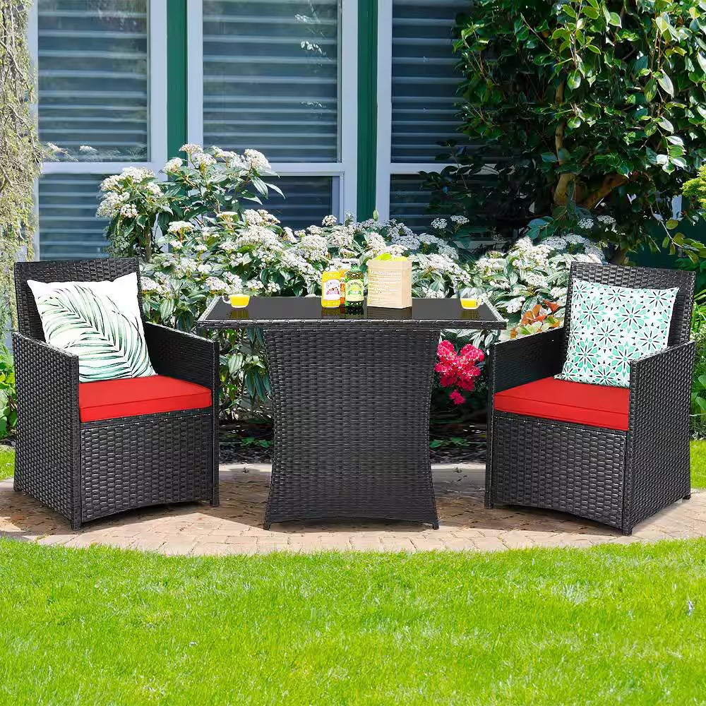 3-Pieces Patio Rattan Patio Conversation Set with Red Cushions