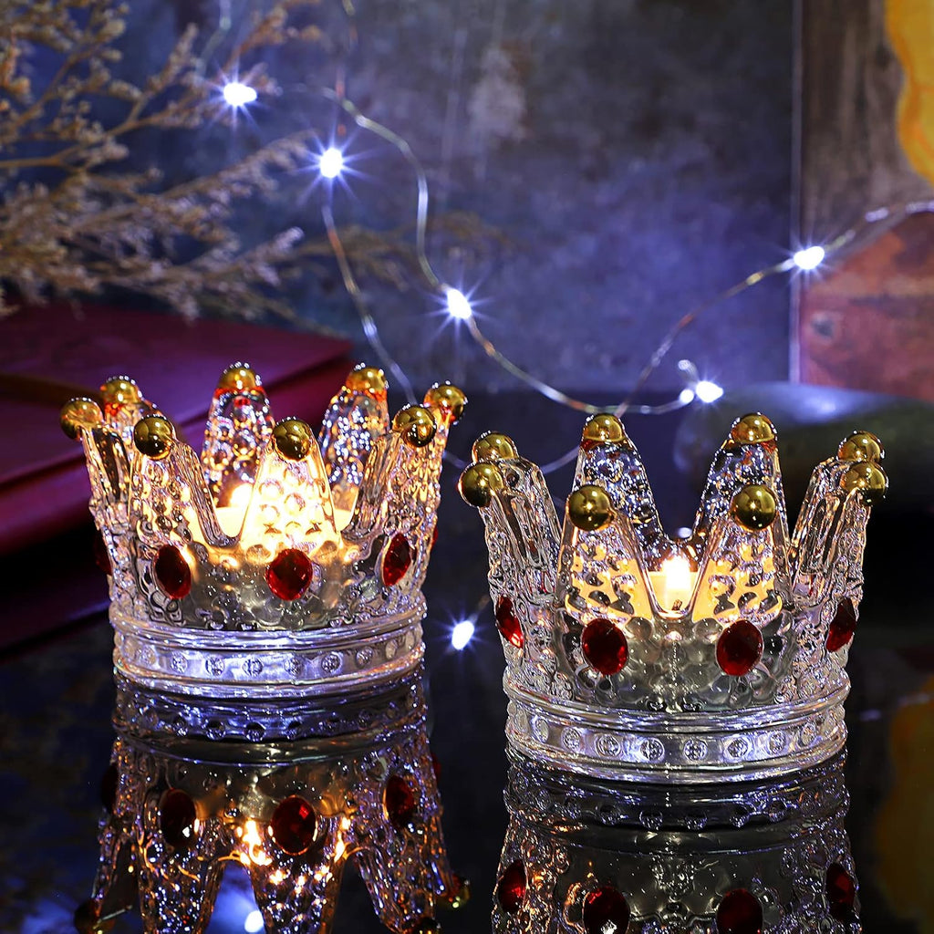 Set of 4 Glass Crown Tealight Candle Holder Crystal Votive Candle Holder Candle Stand, Crown Nail Art Dappen Dish Tea Light Holder for Dining Table Centerpiece Home Decor Wedding Party (Red)