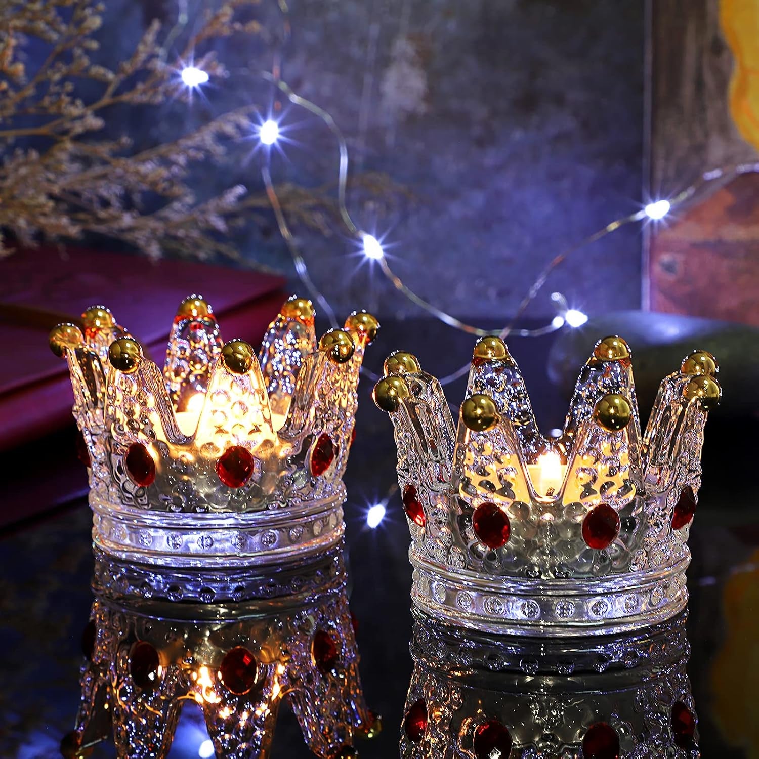 Set of 4 Glass Crown Tealight Candle Holder Crystal Votive Candle Holder Candle Stand, Crown Nail Art Dappen Dish Tea Light Holder for Dining Table Centerpiece Home Decor Wedding Party (Red)