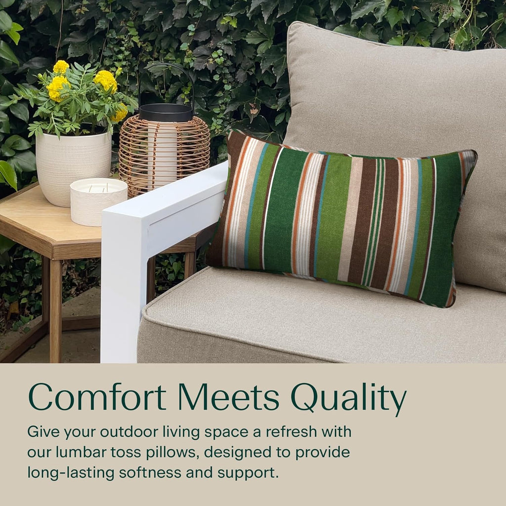 Outdoor Lumbar Pillow 2-Pack, 22 X 12, Stripe Pine Green Throw Pillows for Patio Furniture