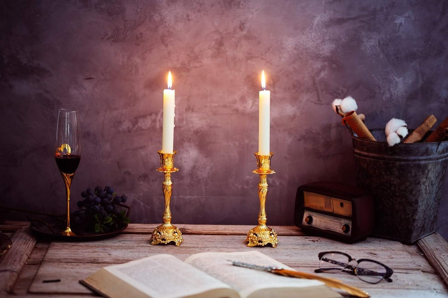 Gold Candlestick Holders Set of 2 Taper Candle Holders Deluxe Ornate Candle Holders for Shabbat Taper Candles, Candle Centerpiece, Wedding Candles, Christmas Candle 7.4Inch