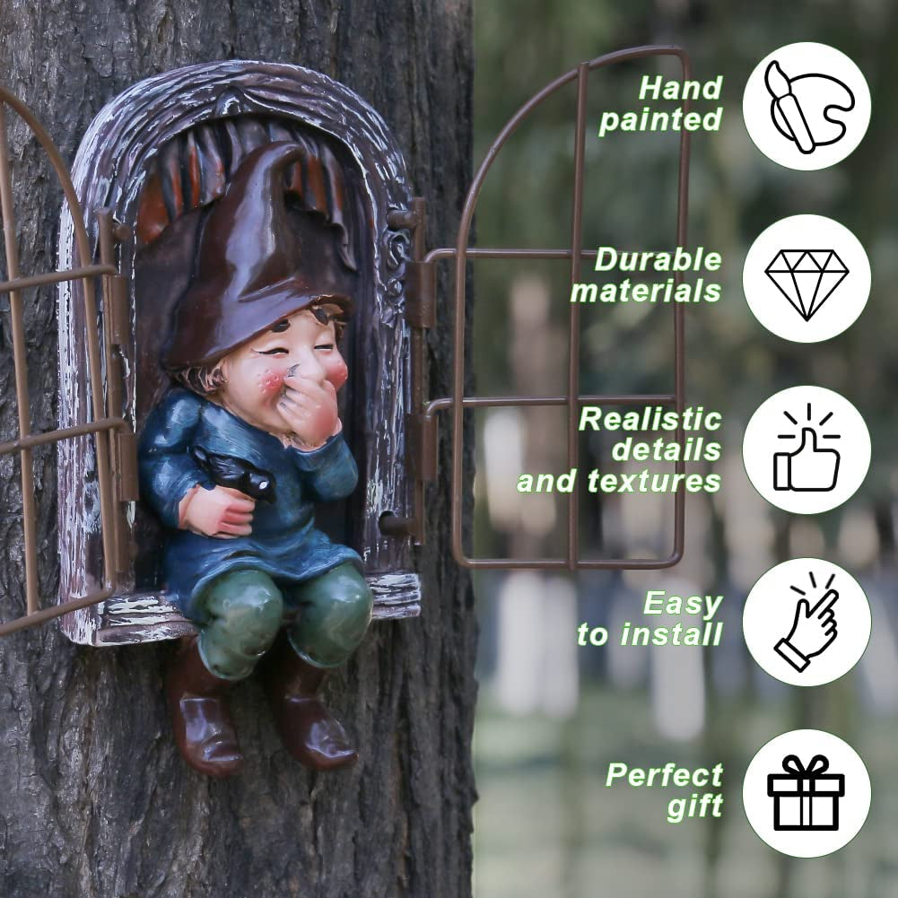 Elf Out the Door Tree Hugger Garden Decor, Garden Gnome Statue Garden Peeker Yard Elves Unimaginable Tree Sculpture Outdoor Gnomes Garden Decoration(Garden Gnomes) (Garden Gnome B)