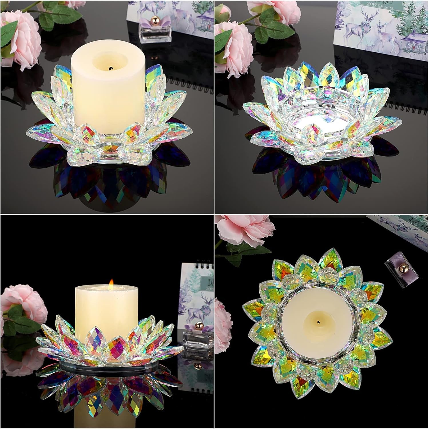 Crystal Lotus Flower Candle Holder for Pillar Candle up to 3", Decorative Glass Lotus Petal Votive Candle Holder Tea Light Holder Candle Stand Candle Lamps for Home Decor Wedding Party, AB Color