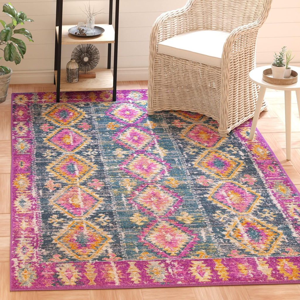 Area Rug 8X10 - Madison Collection - Large - Fuchsia & Blue, Boho Chic Distressed Design, Non-Shedding & Easy Cleaning, Ideal for Living Room, Bedroom, Office, Dining Space (MAD129F)