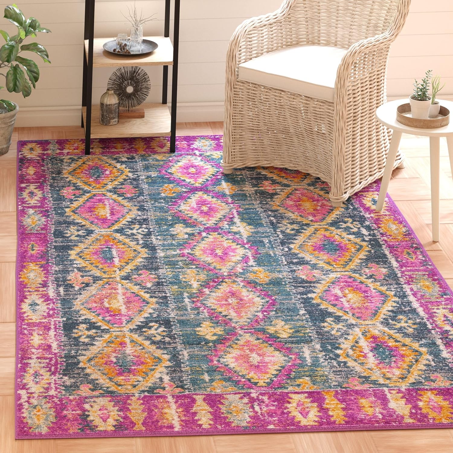 Area Rug 8X10 - Madison Collection - Large - Fuchsia & Blue, Boho Chic Distressed Design, Non-Shedding & Easy Cleaning, Ideal for Living Room, Bedroom, Office, Dining Space (MAD129F)