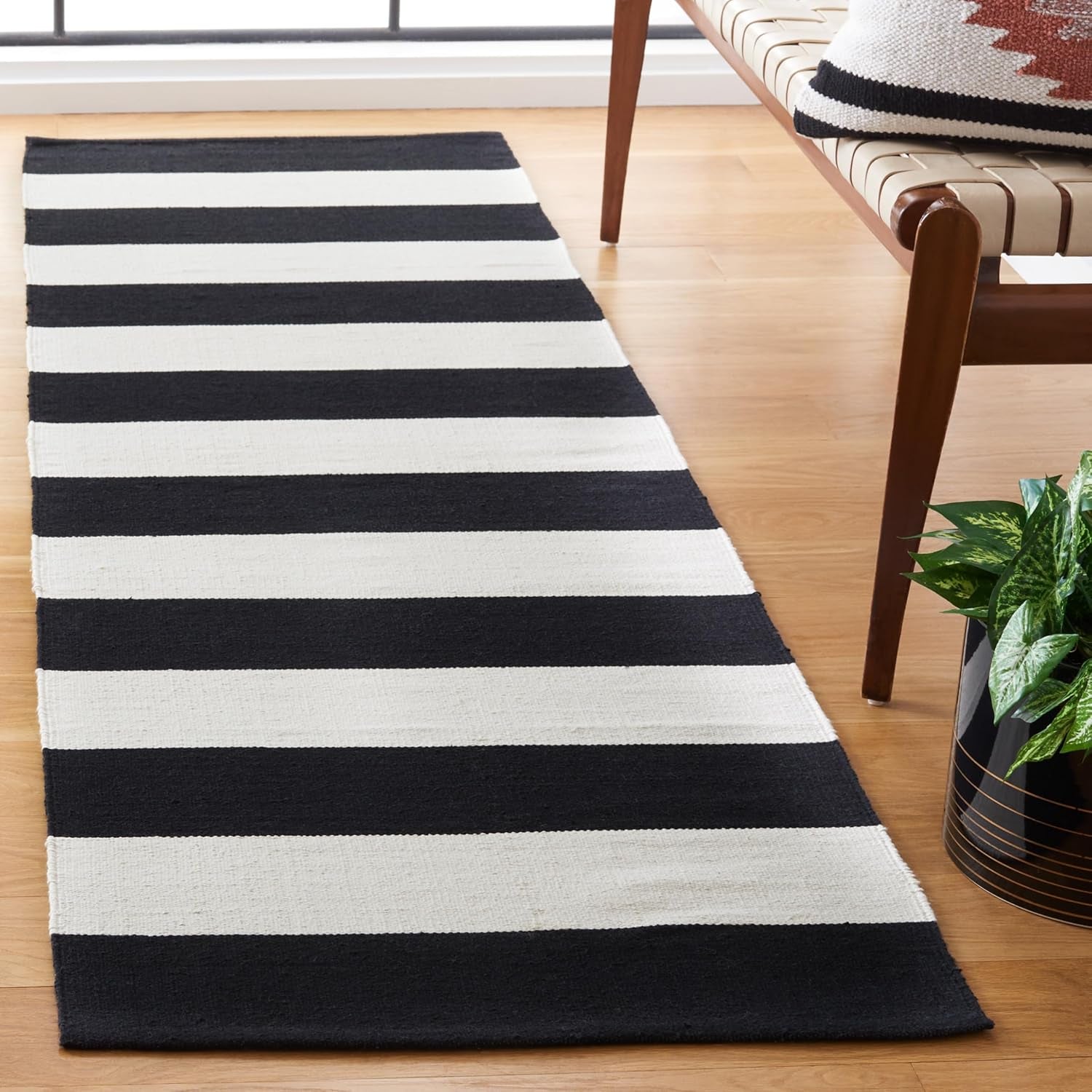 Montauk Collection Runner Rug - 2'3" X 13', Black & Ivory, Handmade Flat Weave Boho Farmhouse Cotton Stripe, Ideal for High Traffic Areas in Living Room, Bedroom (MTK712D)