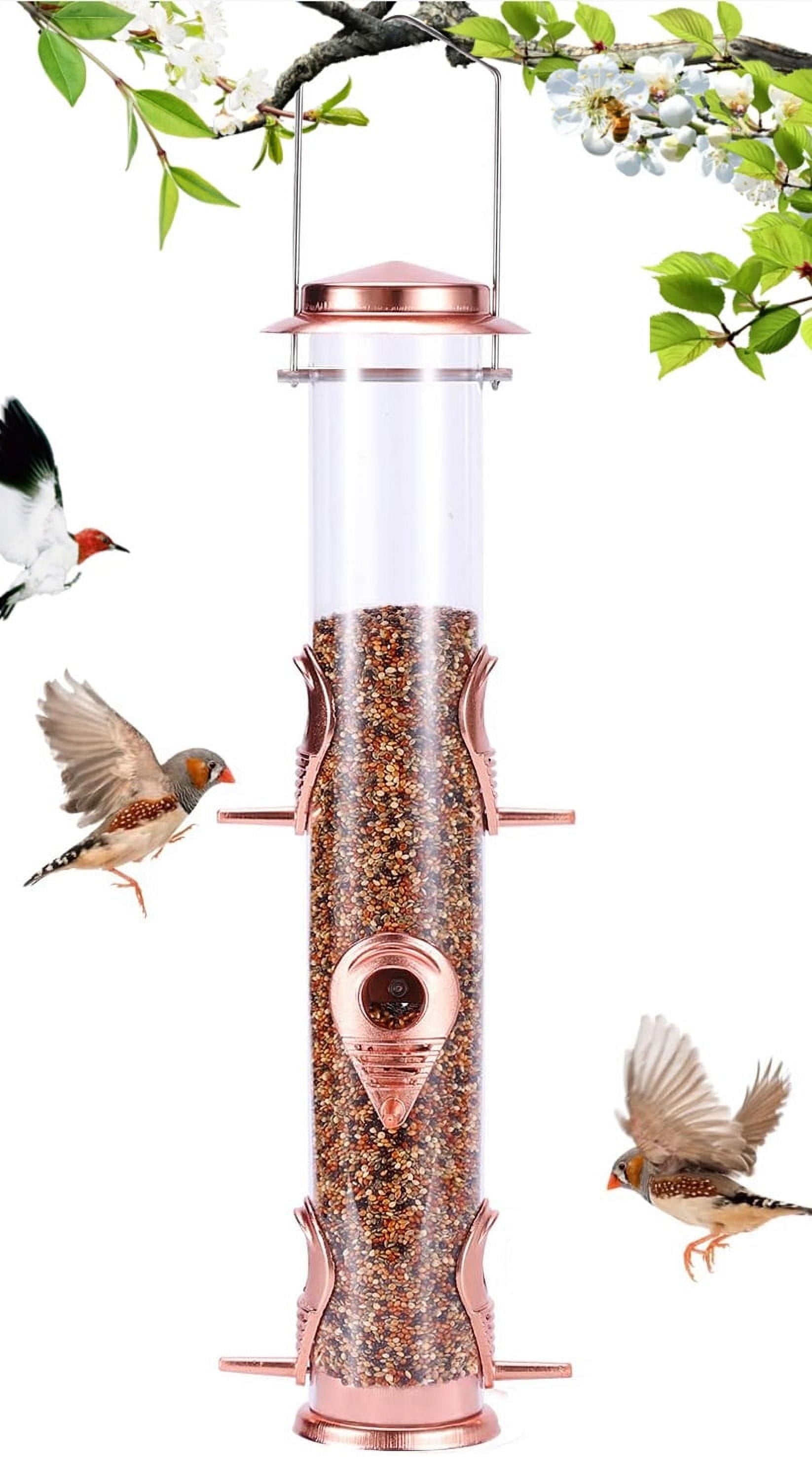 Wild Bird Feeders for Outdoors Hanging, Metal Tube Feeder, 6 Feeding Ports, Rosegold - 1 Pack