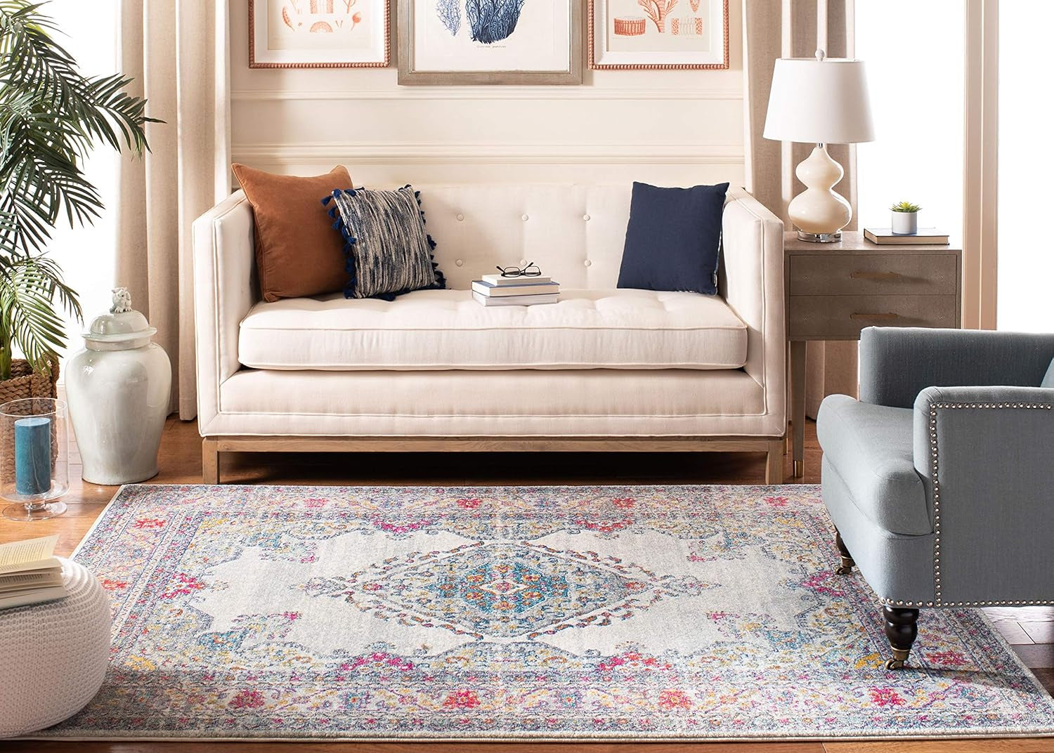 Area Rug 8X10 - Evoke Collection - Large - Cream & Fuchsia, Oriental Medallion Distressed Design, Non-Shedding & Easy Cleaning, Ideal for Living Room, Bedroom, Office, Dining Space (EVK250A)