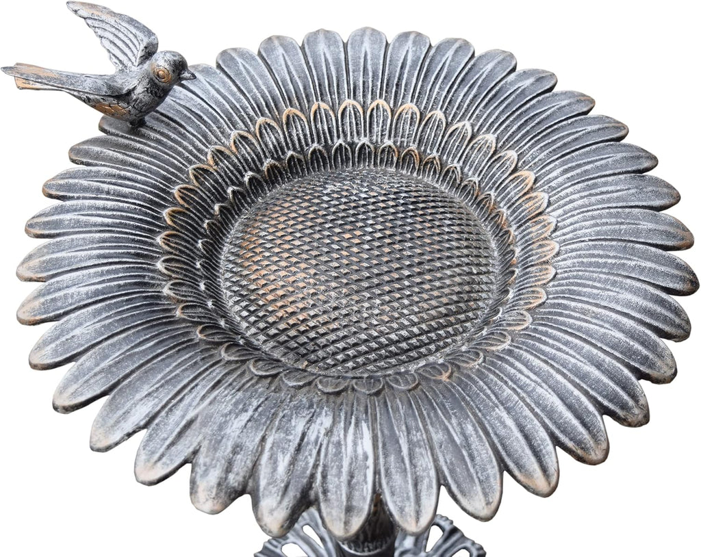 5065AP Antique Pewter Sunflower Design Aluminum Birdbath, Silver