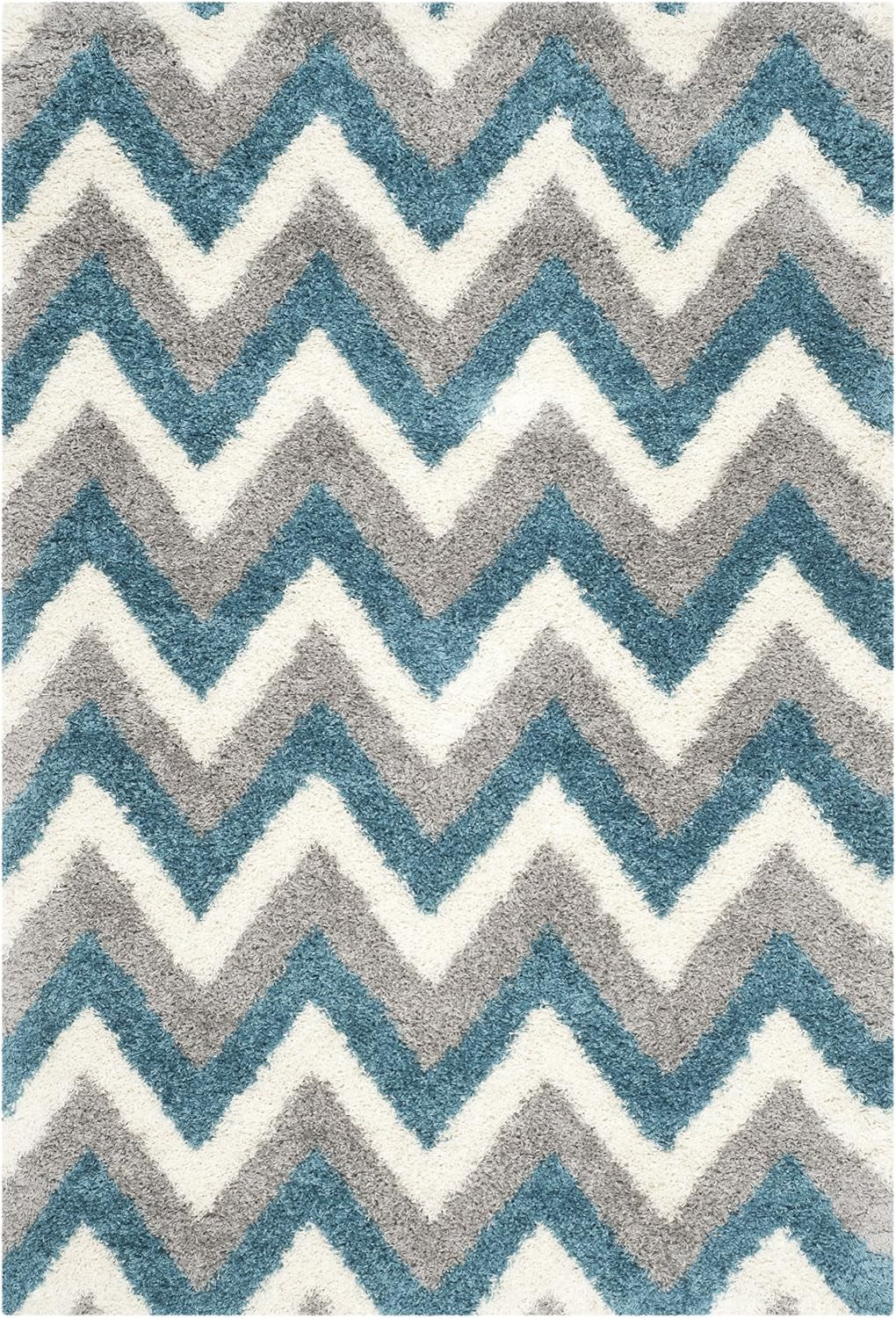 Kids Shag Collection Area Rug - 5'3" X 7'6", Ivory & Blue, Chevron Design, Non-Shedding & Easy Care, 2-Inch Thick Ideal for High Traffic Areas in Living Room, Bedroom (SGK568C)